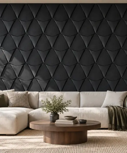 Petal Black cork wall installed in a furnished interior, product scale visualization (WPBk30)