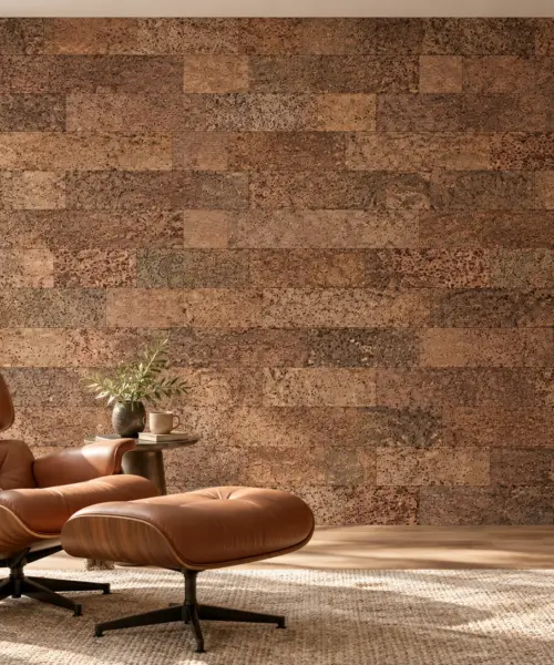 Richwood cork wall installed in a furnished interior, product scale visualization (WRhwo12)