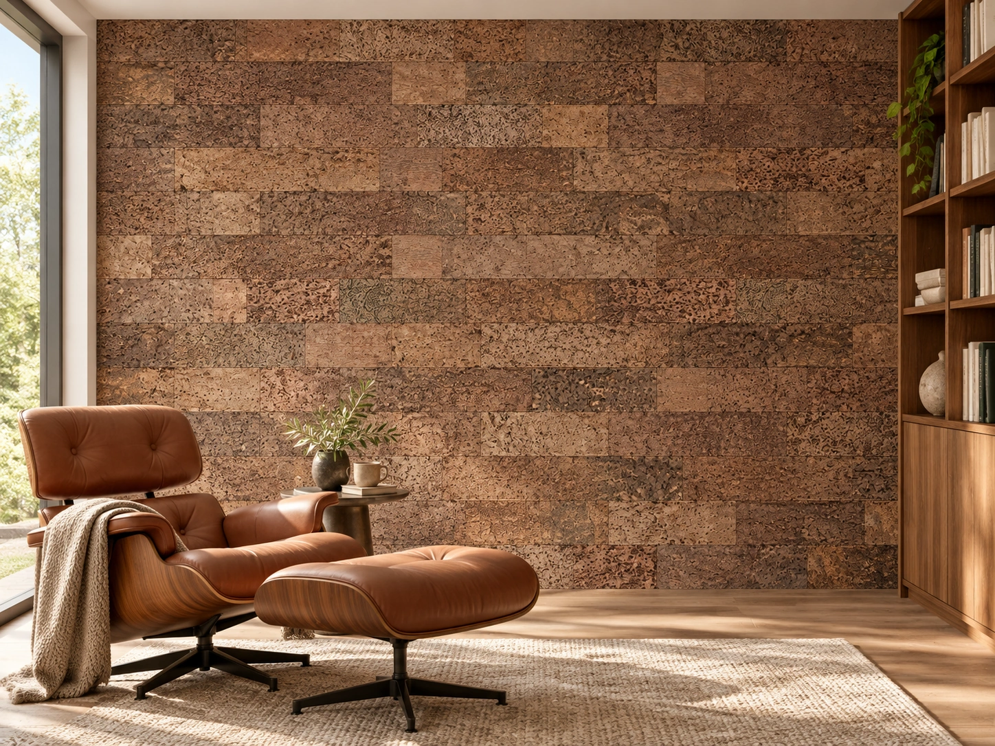 Richwood cork wall installed in a furnished interior, product scale visualization (WRhwo12)
