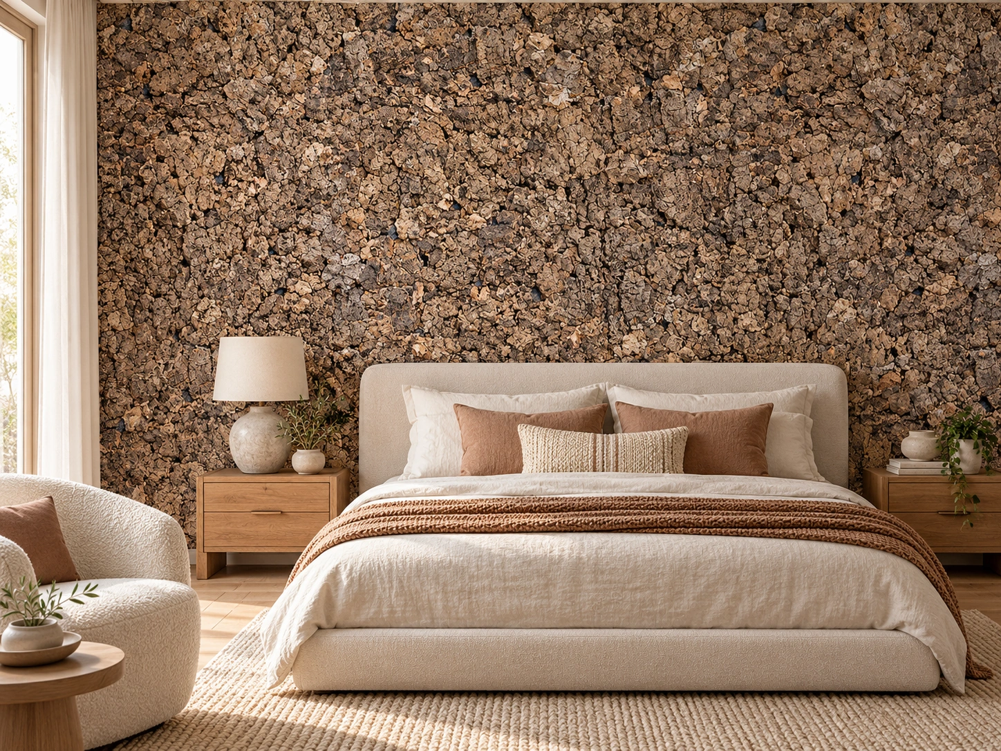 Roccia Hdf - 1 7/64&Quot;(28Mm) - Cork Wall Panels (Wrocc28) Roccia Hdf Cork Wall Installed In A Furnished Interior, Product Scale Visualization (Wrocc28)