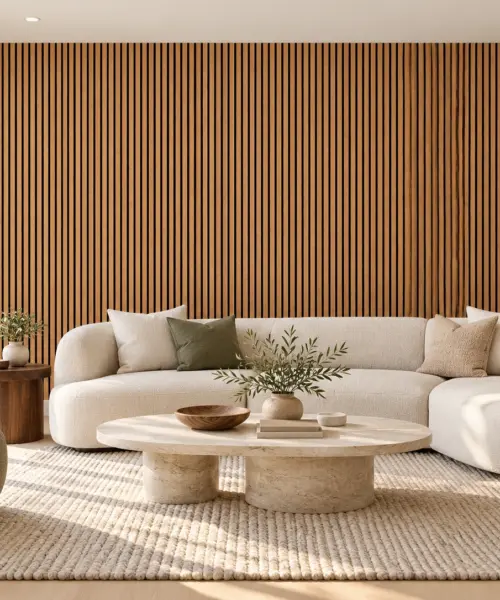 Slat Dark Natural cork wall installed in a furnished interior, product scale visualization (WSDN17)