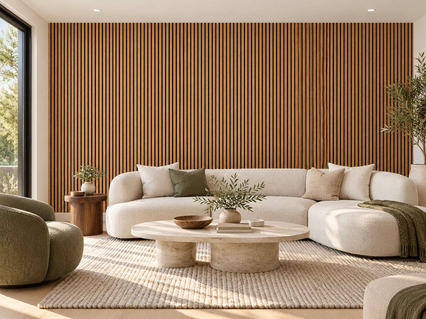 Slat Dark Natural cork wall installed in a furnished interior, product scale visualization (WSDN17)