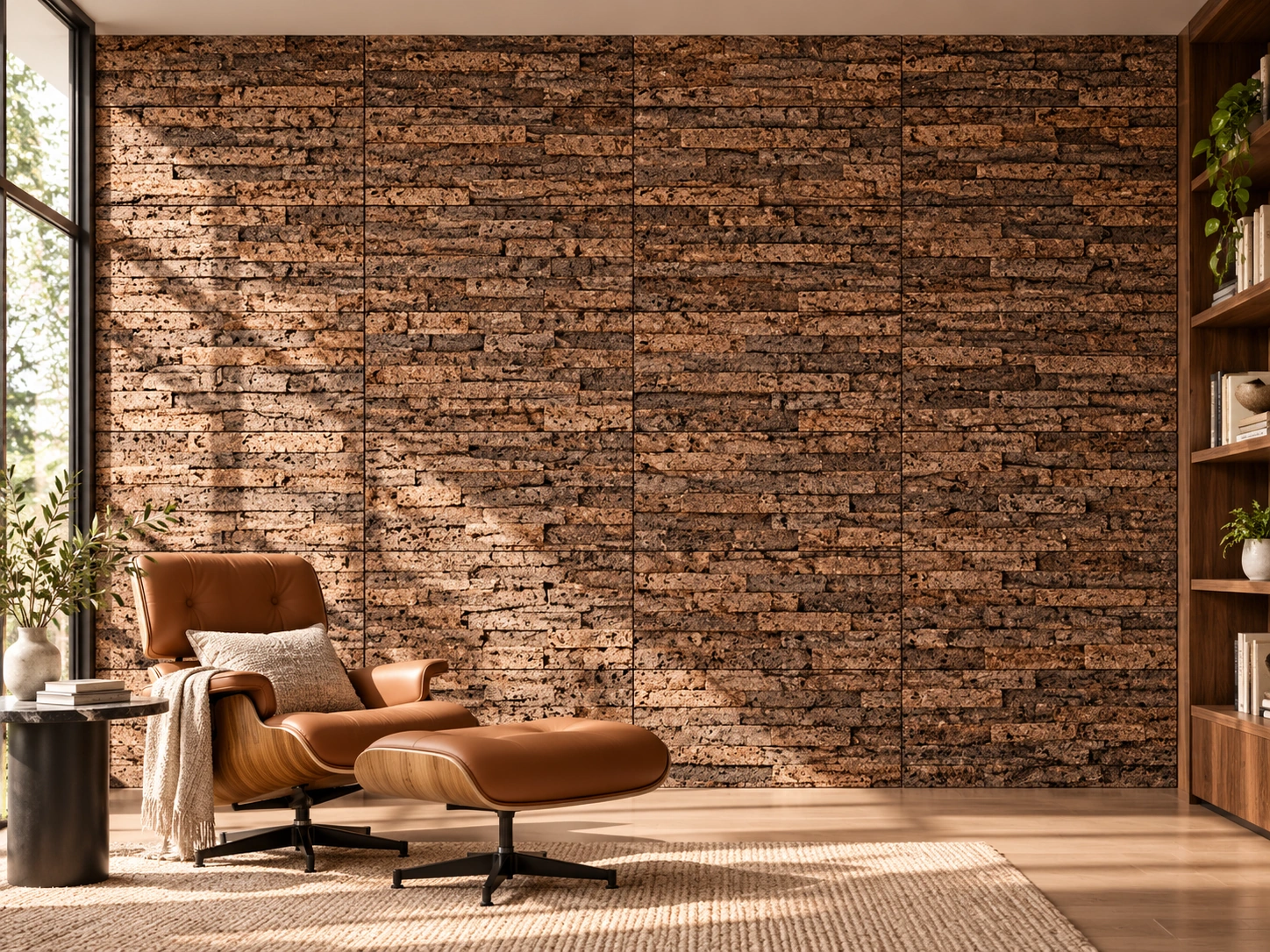 Stacked Stone - 55/64&Quot; (22Mm) - Acoustic Cork Wall Tile (Wskst22) Stacked Stone Cork Wall Installed In A Furnished Interior, Product Scale Visualization (Wskst22)