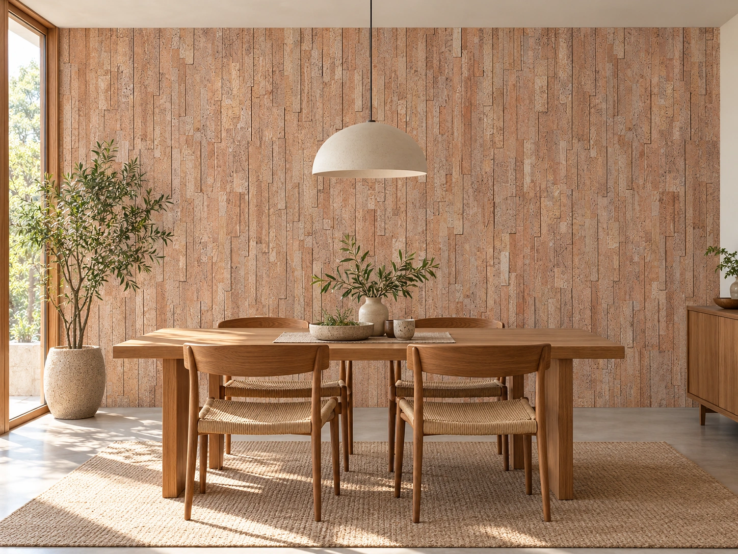 Slimwood cork wall installed in a furnished interior, product scale visualization (WSlwo12)