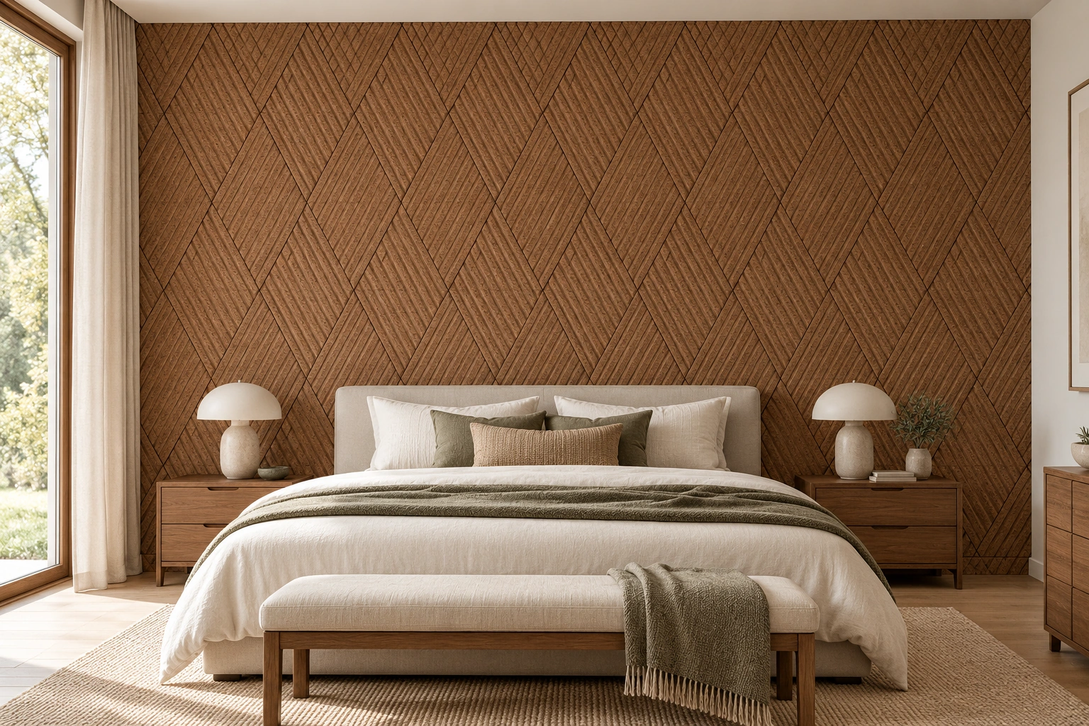Striato Natural cork wall installed in a furnished interior, product scale visualization (WSN11)