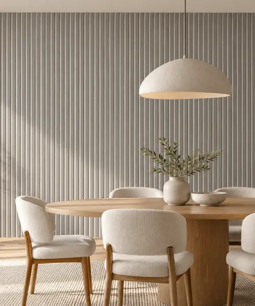Slat Perla cork wall installed in a furnished interior, product scale visualization (WSP17)