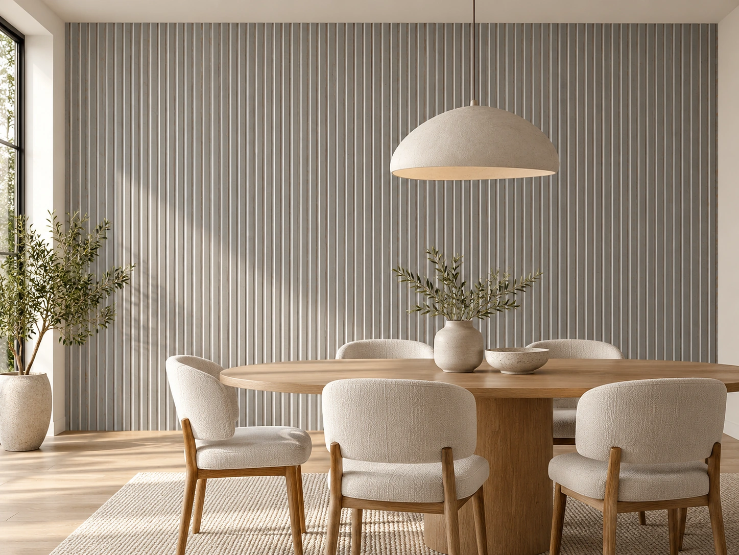 Slat Perla cork wall installed in a furnished interior, product scale visualization (WSP17)