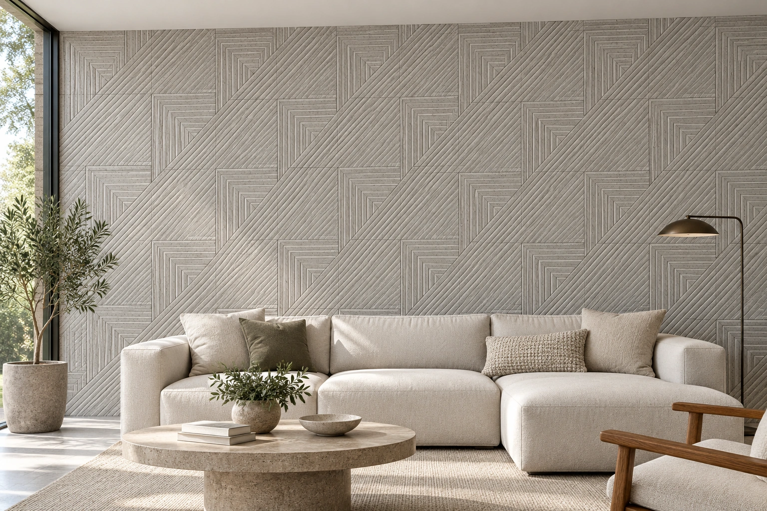 Striato cork wall installed in a furnished interior, product scale visualization (WSTO11)