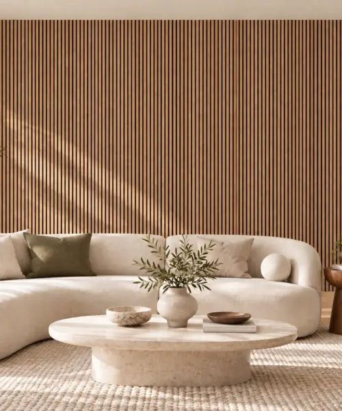 Slatwall Dark Natural cork wall installed in a furnished interior, product scale visualization (WSwDN17)