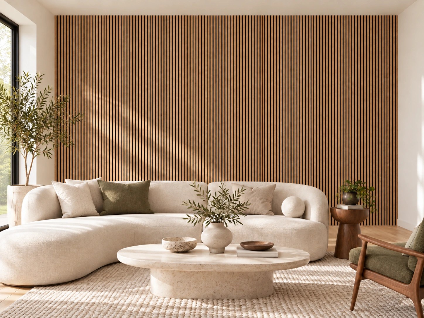 Slatwall Dark Natural cork wall installed in a furnished interior, product scale visualization (WSwDN17)