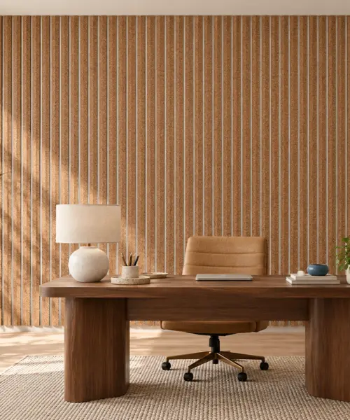 Slat White Natural cork wall installed in a furnished interior, product scale visualization (WSWN17)