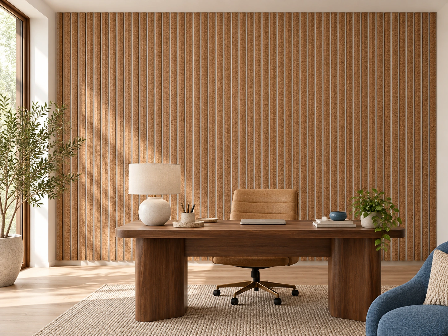 Slat White Natural cork wall installed in a furnished interior, product scale visualization (WSWN17)