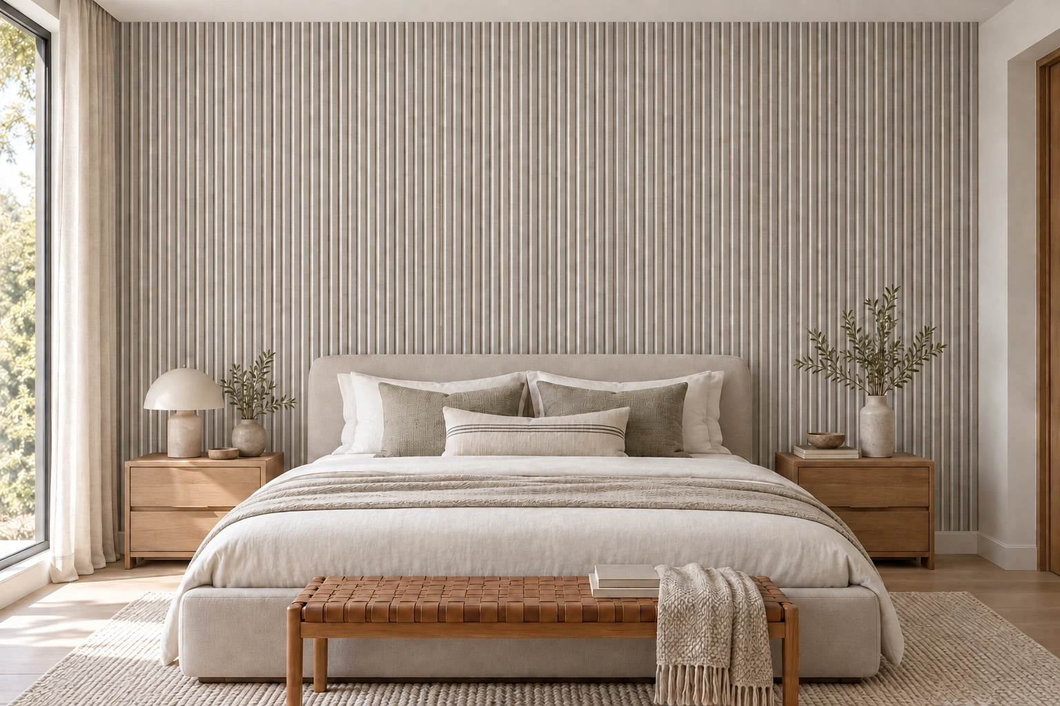 Slatwall Perla cork wall installed in a furnished interior, product scale visualization (WSwP17)