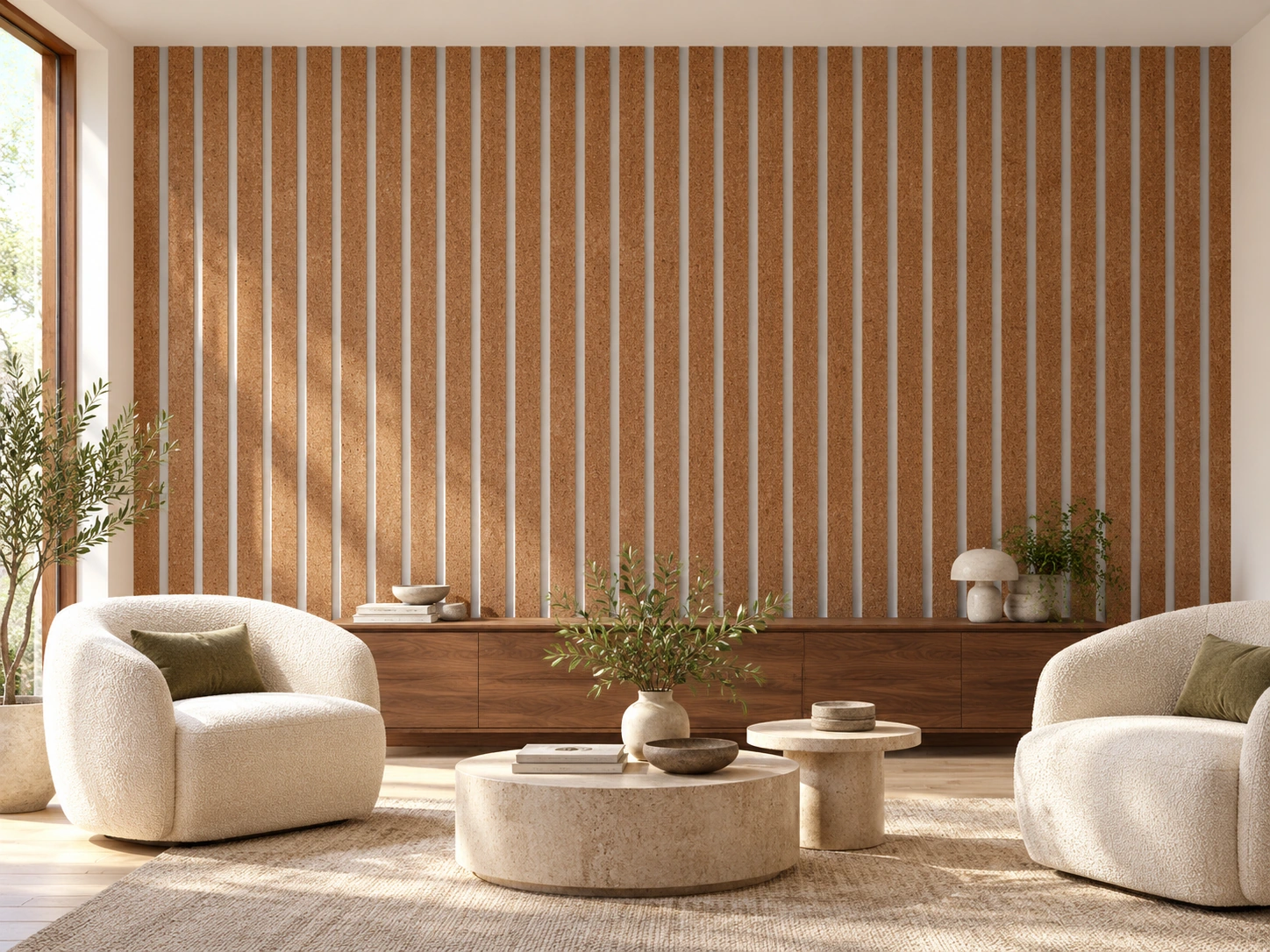 Slatwall White Natural cork wall installed in a furnished interior, product scale visualization (WSwWN17)