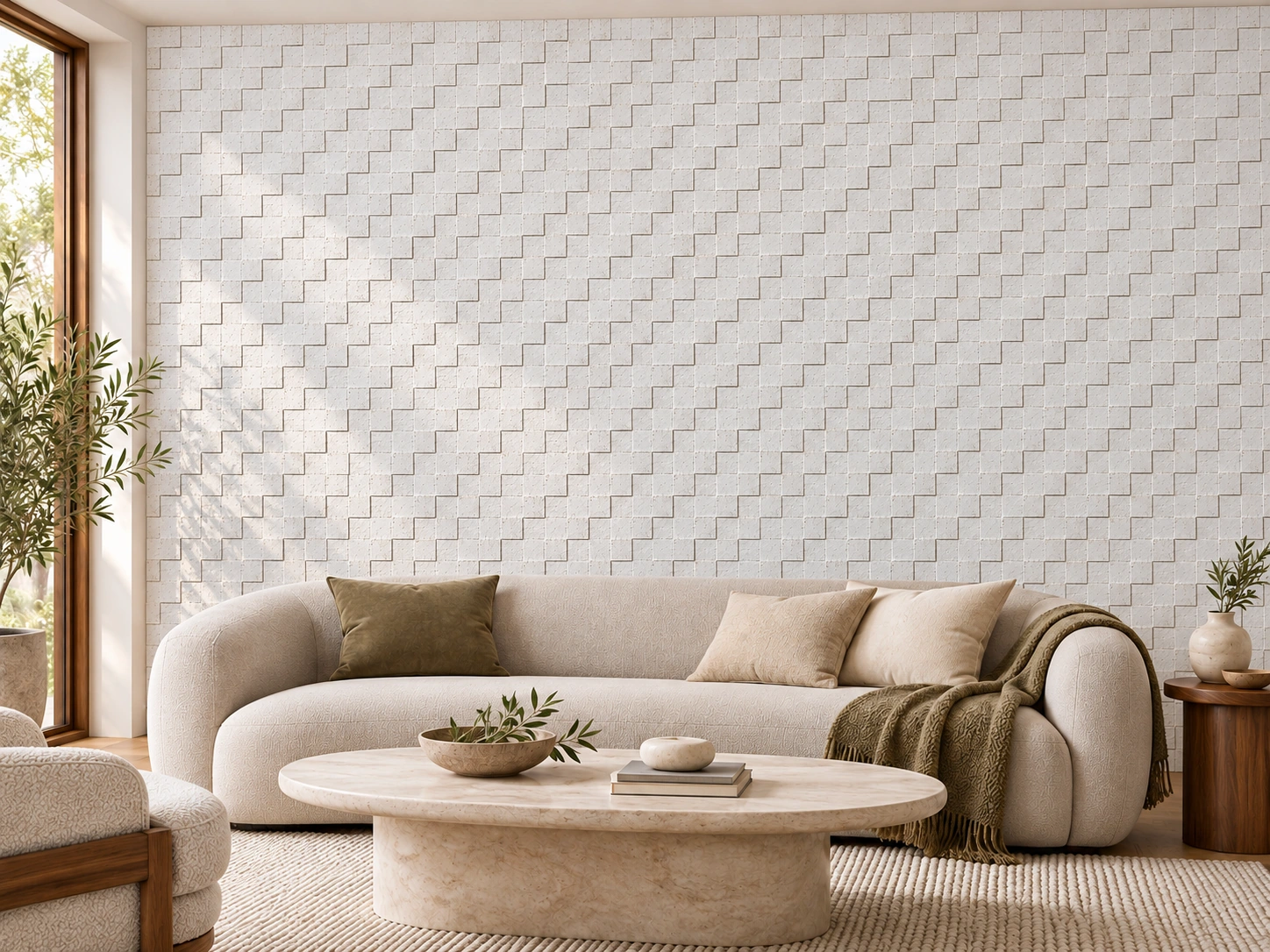 White Cubes cork wall installed in a furnished interior, product scale visualization (WWCu10)