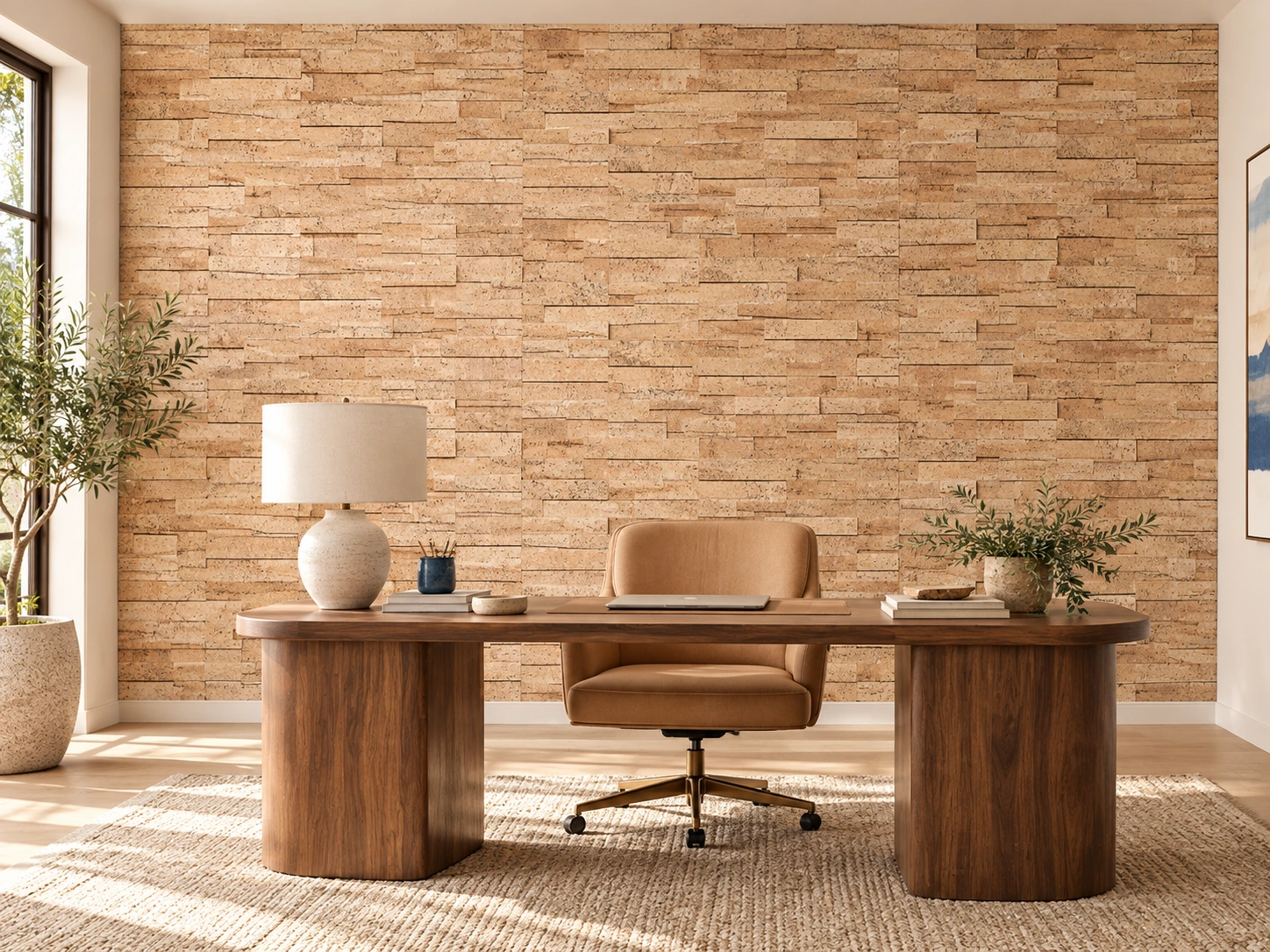 Wood Bricks cork wall installed in a furnished interior, product scale visualization (WWoBr7)