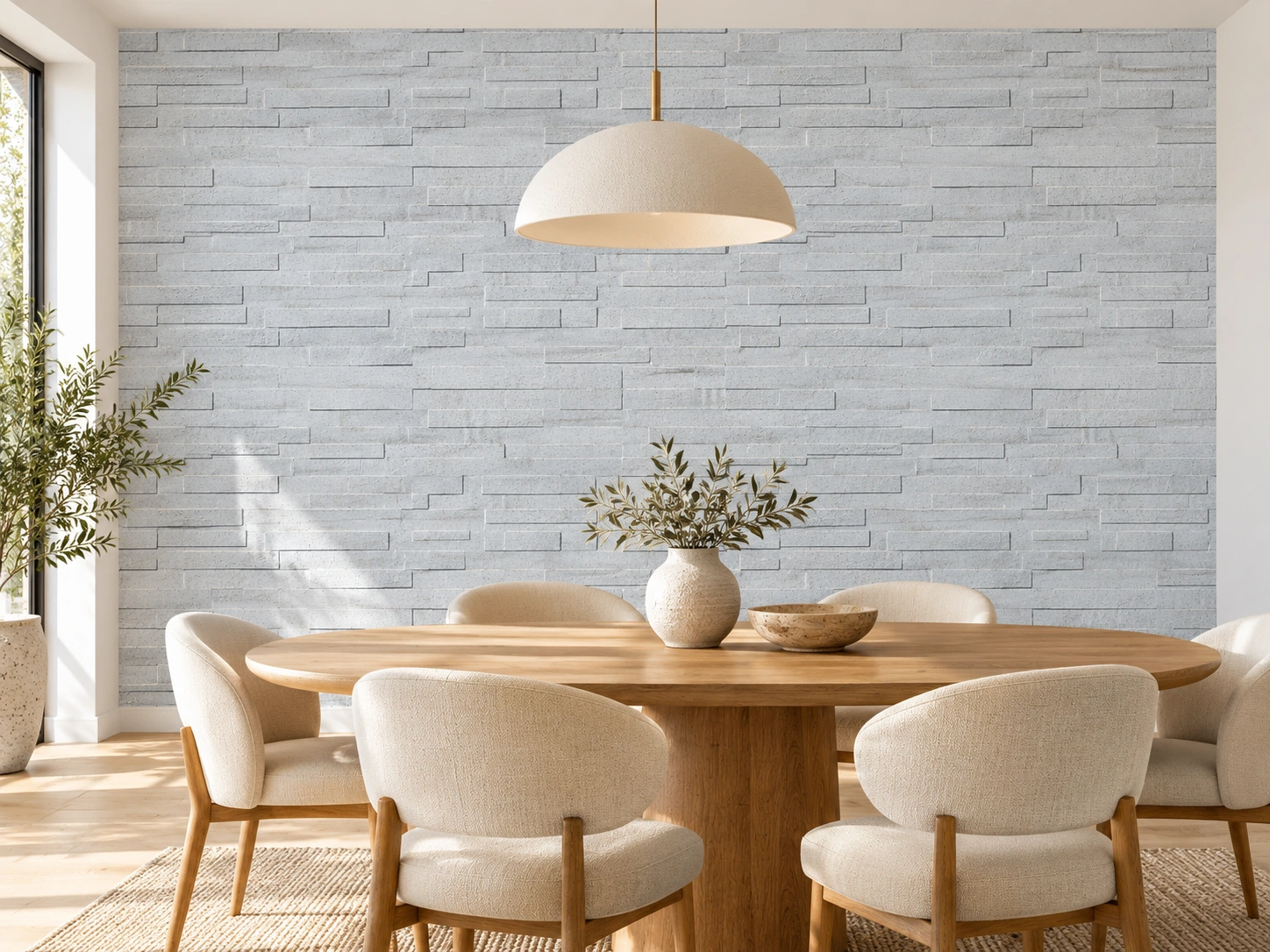 Whitewash Brick cork wall installed in a furnished interior, product scale visualization (WWwBr7)