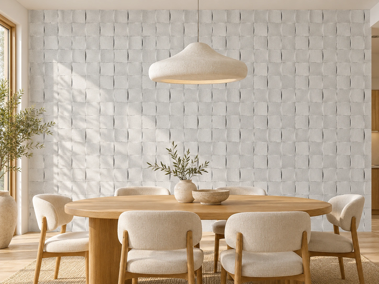 Wave White cork wall installed in a furnished interior, product scale visualization (WWWh20)