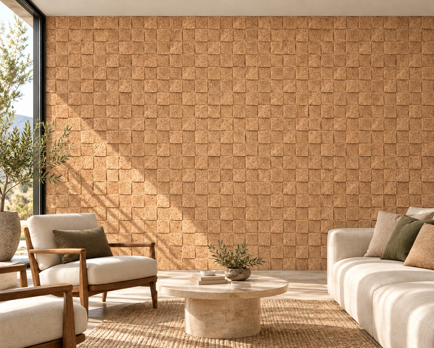 Wave Wood 25/32” (20mm) 3D Acoustic Cork Wall Panels (WWWo20) cork wall installed in a furnished interior, product scale visualization (WWWo20)