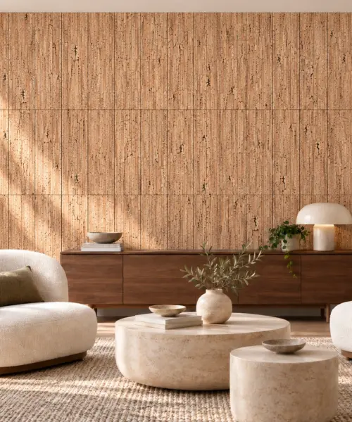 Durango cork wall panels in a furnished room, vertically installed 800 x 240 mm panels with flush joints
