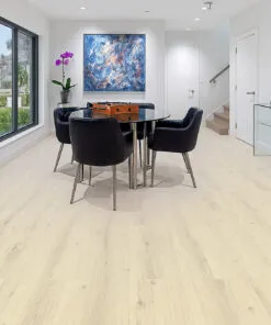 Modern Dining Room With Large Windows And Como Oak White Swiss Cork Design Floating Flooring, Featuring Black Chairs And Minimalist Wall Art