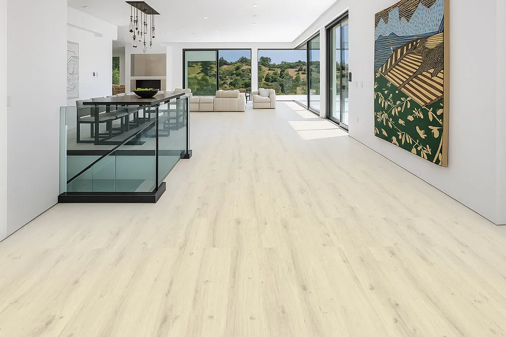 Como Oak White - 7/16&Quot; (11Mm) - Swiss Design Cork Floating (Fcow11) Pen-Concept Living Area In A Contemporary Home With Bright Natural Light And Como Oak White Swiss Cork Design Floating Flooring