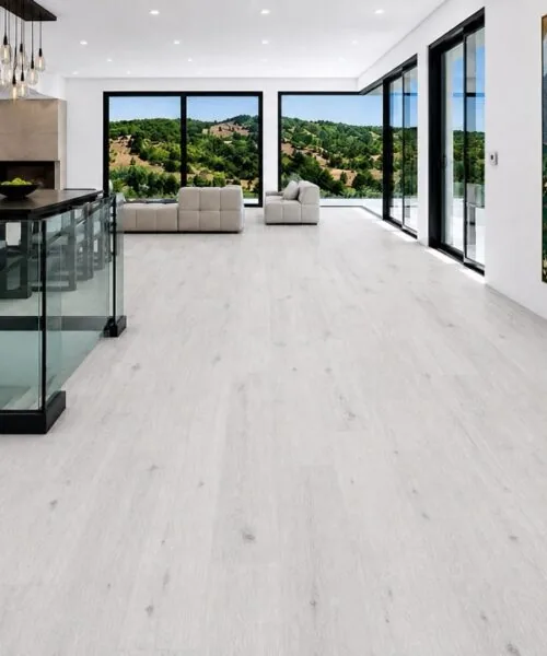 Como Oak White - 7/16&Quot; (11Mm) - Swiss Design Cork Floating (Fcow11) Como White Oak Swiss Design Cork Floating Floor In A Modern Open-Concept Home
