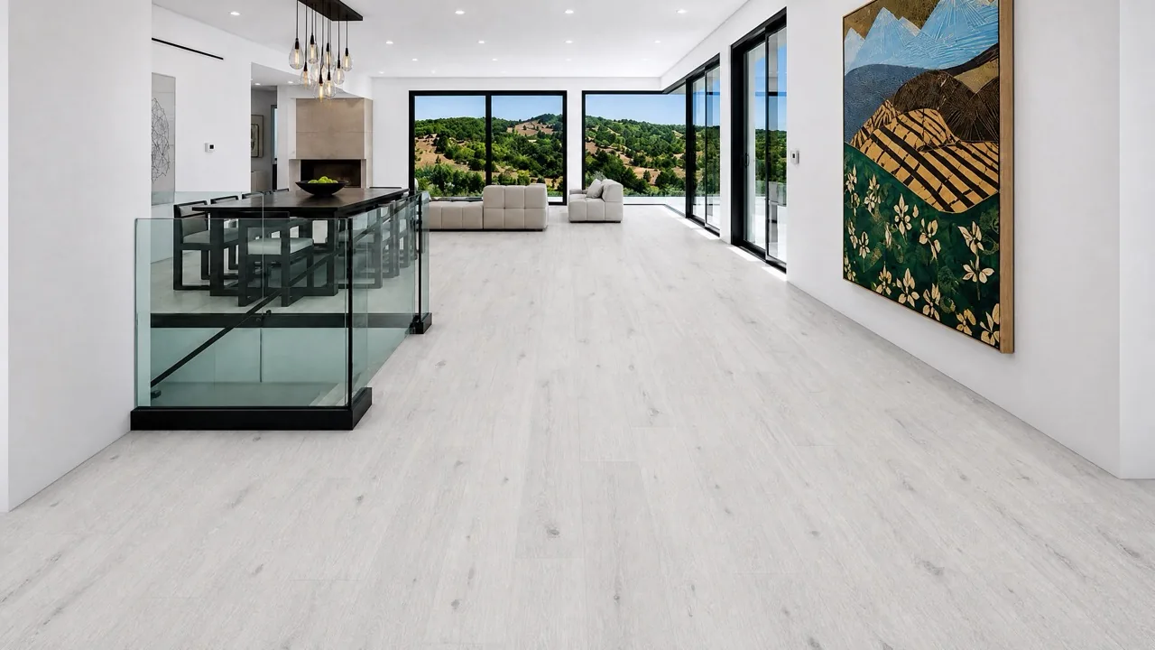 Como Oak White - 7/16&Quot; (11Mm) - Swiss Design Cork Floating (Fcow11) Como White Oak Swiss Design Cork Floating Floor In A Modern Open-Concept Home