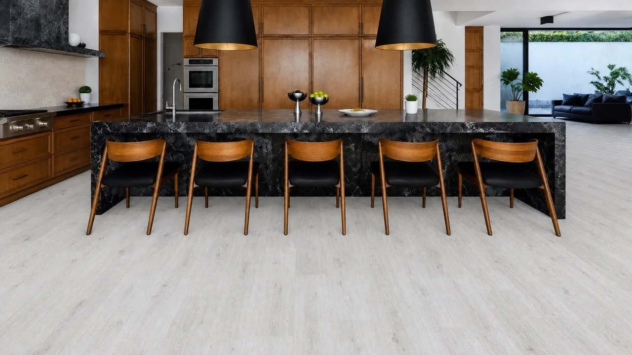 Como Oak White - 7/16&Quot; (11Mm) - Swiss Design Cork Floating (Fcow11) Como White Oak Swiss Cork Flooring In A Contemporary Kitchen And Dining Area