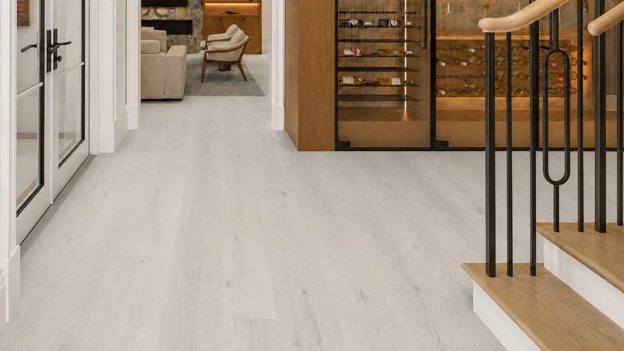 Como Oak White - 7/16&Quot; (11Mm) - Swiss Design Cork Floating (Fcow11) Como White Oak Swiss Design Cork Flooring In A Hallway Beside A Home Wine Room