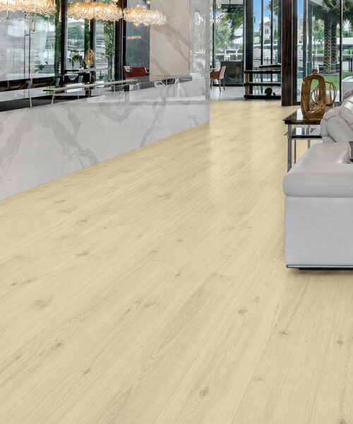 Como Oak White Swiss Design cork flooring in a luxury living room with white oak waterproof flooring.