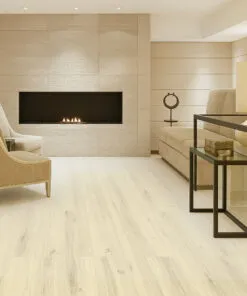 Elegant living space with modern fireplace and Como White Oak Swiss Cork Design Flooring, creating a warm, cozy atmosphere