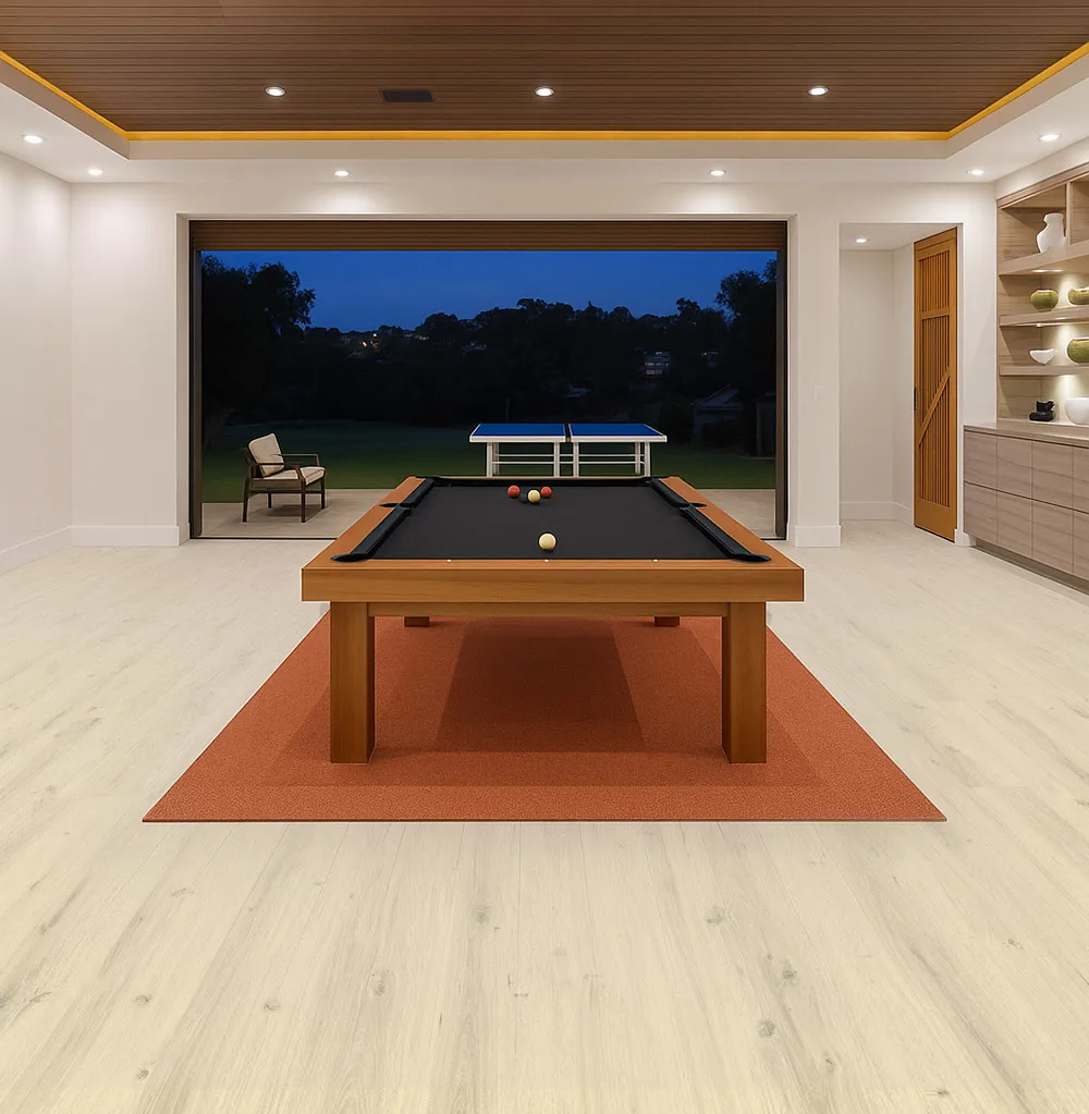 Como Oak White - 7/16&Quot; (11Mm) - Swiss Design Cork Floating (Fcow11) Spacious Game Room With Pool Table And Como White Oak Swiss Cork Design Flooring, Combining Durability And Modern Aesthetics