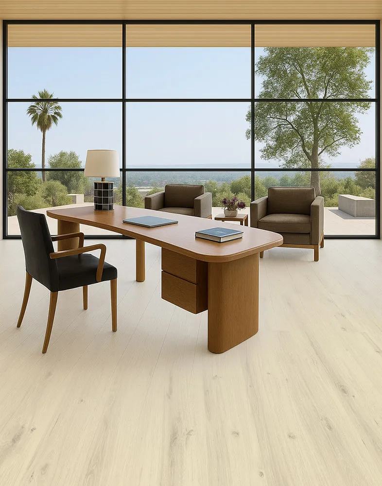 Como Oak White - 7/16&Quot; (11Mm) - Swiss Design Cork Floating (Fcow11) Professional Meeting Room With Wood Table, Swivel Chairs, And Como White Oak Swiss Cork Design Flooring, Ideal For Commercial Interiors