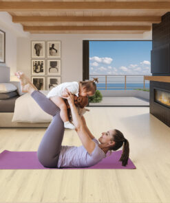 Bedroom With Ocean View And Como White Oak Swiss Cork Design Flooring, Featuring Mother Doing Yoga With Child On A Purple Mat