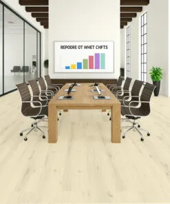 Professional Meeting Room With Wood Table, Swivel Chairs, And Como White Oak Swiss Cork Design Flooring, Ideal For Commercial Interiors.