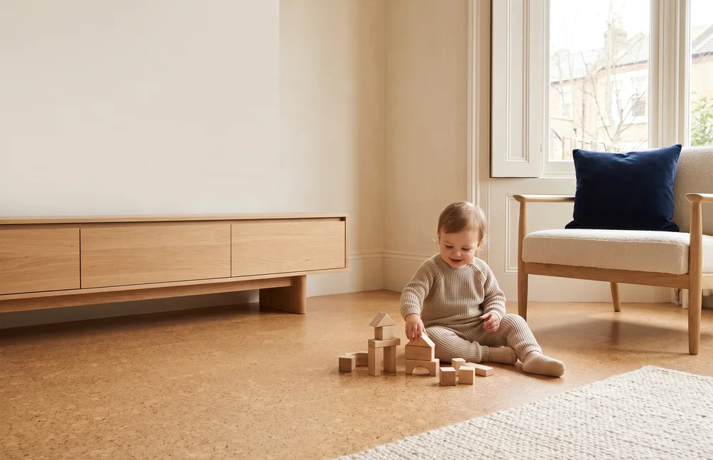 Como Oak White - 7/16&Quot; (11Mm) - Swiss Design Cork Floating (Fcow11) Children Reading Together On Como White Oak Swiss Cork Design Flooring, Showing Comfort And Softness Perfect For Playrooms Or Daycares. Daycare
