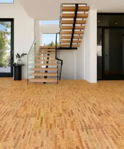 Bright Contemporary Hallway With Open Staircase And Dark Linear Cork Flooring Providing A Natural, Textured Look