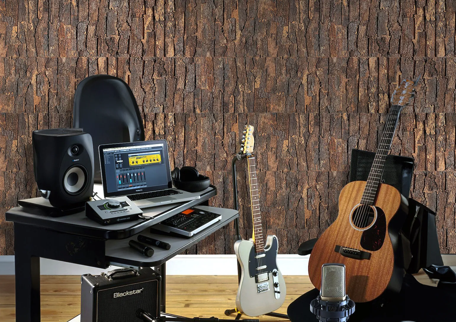 Cork Bark - 63/64&Quot; (25Mm) - 3D Acoustic Cork Wall Panels (Wcb25) Guitar And Audio Hardware Photographed For A Feature On Recording Your Own Music, Including An Apple Macbook, Universal Audio Apollo Twin Interface And Akg C314 Condenser Microphone, Taken On April 19, 2016. (Photo By Neil Godwin/Total Guitar Magazine)