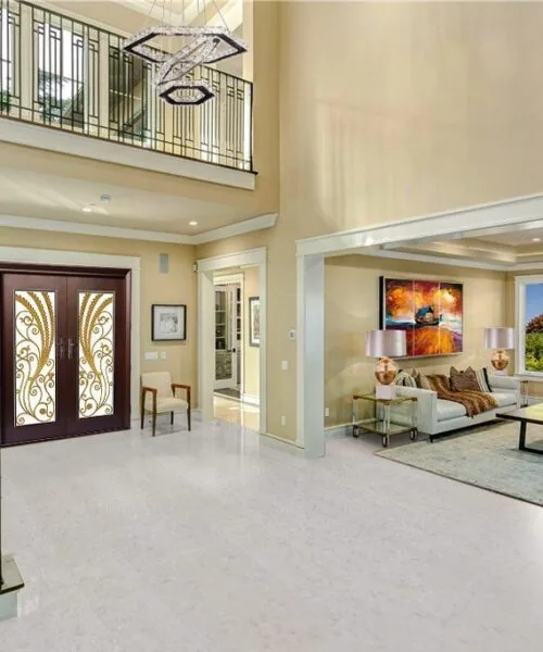 Creme Royal Marble Cork Floors Staircase Wrought Iron Railing