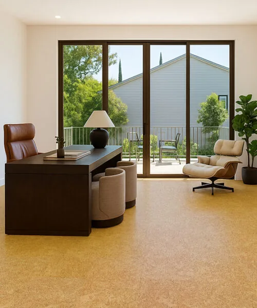Desert Arable - 25/64&Quot; (10Mm) - Cork Floating (Fda10) Modern Home Office With Large Windows And Warm Desert Arable Cork Flooring, Featuring A Dark Wood Desk, Lounge Chair, And Minimalist Décor.