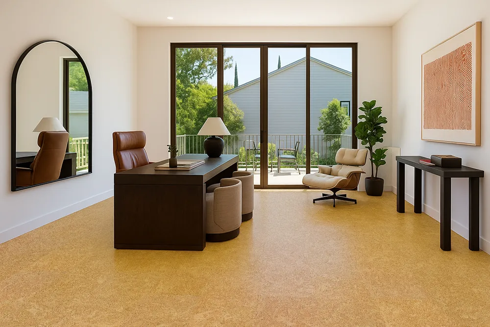 Modern Home Office With Large Windows And Warm Desert Arable Cork Flooring, Featuring A Dark Wood Desk, Lounge Chair, And Minimalist Décor.