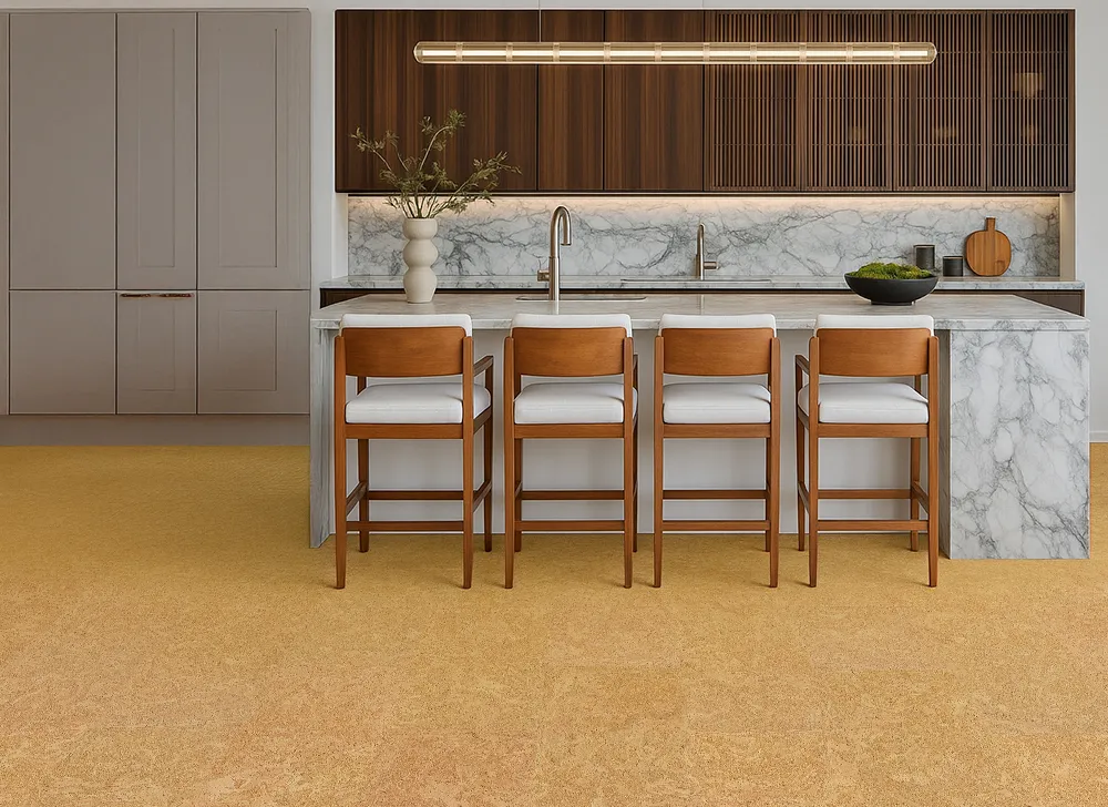 Luxury Kitchen With Marble Waterfall Island, Wood Slat Cabinets, And Bright Desert Arable Cork Flooring.