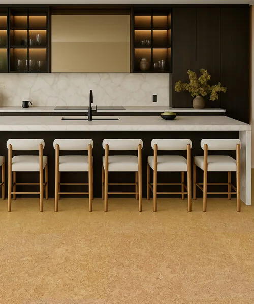 Desert Arable - 25/64&Quot; (10Mm) - Cork Floating (Fda10) Contemporary Kitchen With Marble Island, Wooden Bar Stools, And Desert Arable Cork Flooring In A Soft Golden Tone.