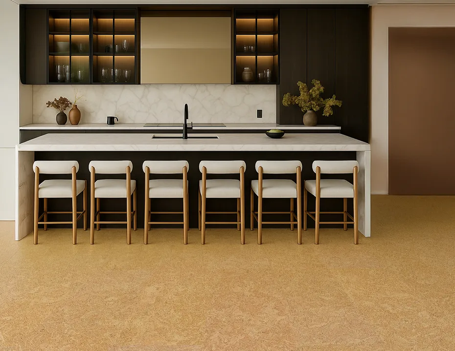Contemporary Kitchen With Marble Island, Wooden Bar Stools, And Desert Arable Cork Flooring In A Soft Golden Tone.