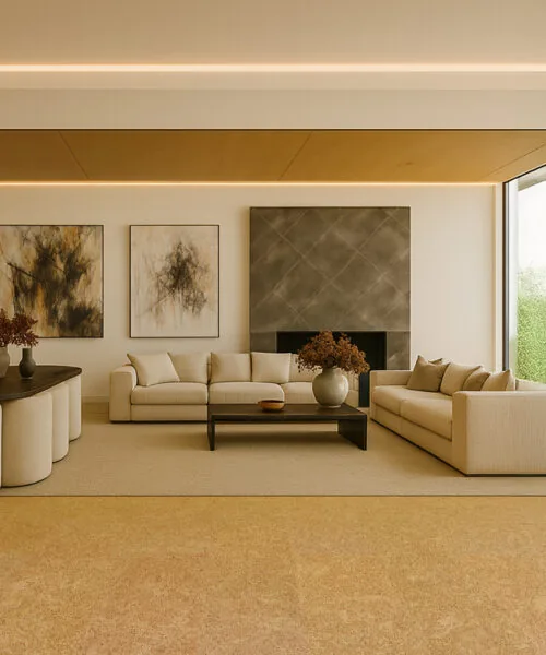 Desert Arable - 25/64&Quot; (10Mm) - Cork Floating (Fda10) Elegant Living Room Featuring A Stone Fireplace, Beige Sofas, And Natural Desert Arable Cork Flooring In A Golden Shade