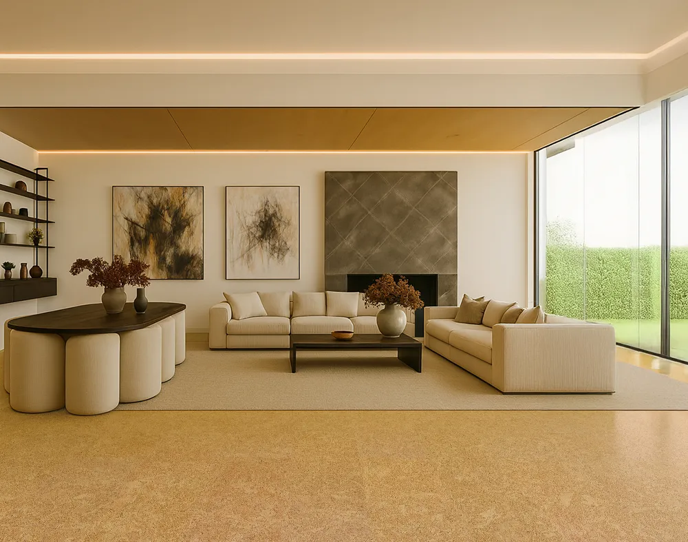 Desert Arable - 25/64&Quot; (10Mm) - Cork Floating (Fda10) Elegant Living Room Featuring A Stone Fireplace, Beige Sofas, And Natural Desert Arable Cork Flooring In A Golden Shade