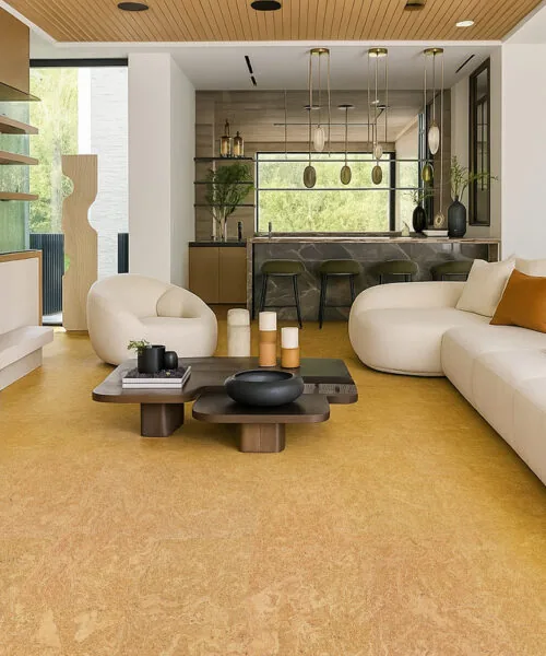 Desert Arable - 25/64&Quot; (10Mm) - Cork Floating (Fda10) Open-Concept Living Room With Modern Furniture, Neutral Tones, And Warm Desert Arable Cork Flooring Extending Into The Kitchen