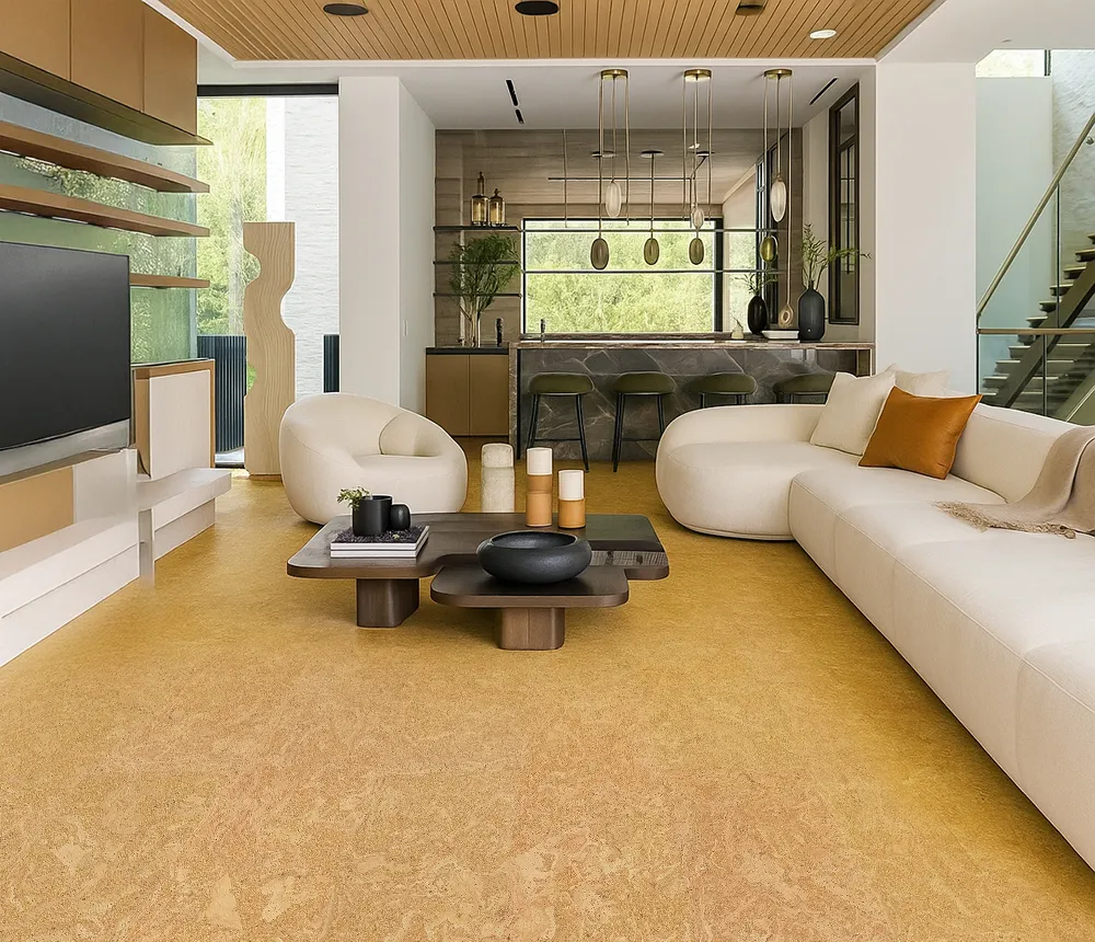 Desert Arable - 25/64&Quot; (10Mm) - Cork Floating (Fda10) Open-Concept Living Room With Modern Furniture, Neutral Tones, And Warm Desert Arable Cork Flooring Extending Into The Kitchen