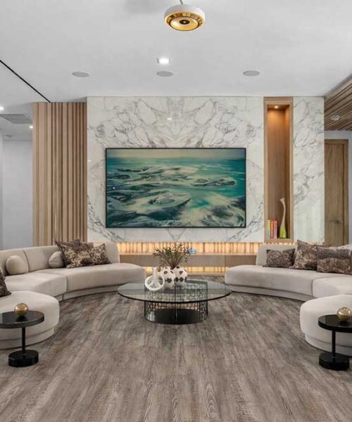 Modern Living Room Featuring Earthy Pine Lino Design Waterproof Flooring, Suitable For Residential And Commercial Spaces.